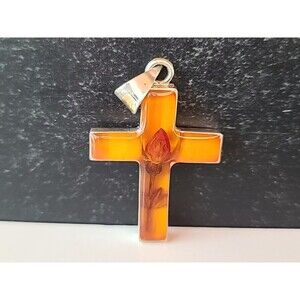 Mexican 925 Sterling Silver Preserved Real Flower In Resin Cross Pendant Vintage